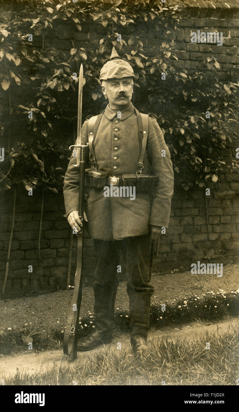 WW I, German soldier / Franz Feltz / in Namur, Belgium, with spiked helmet, postcard sent 27.05.1915., Additional-Rights-Clearance-Info-Not-Available Stock Photo