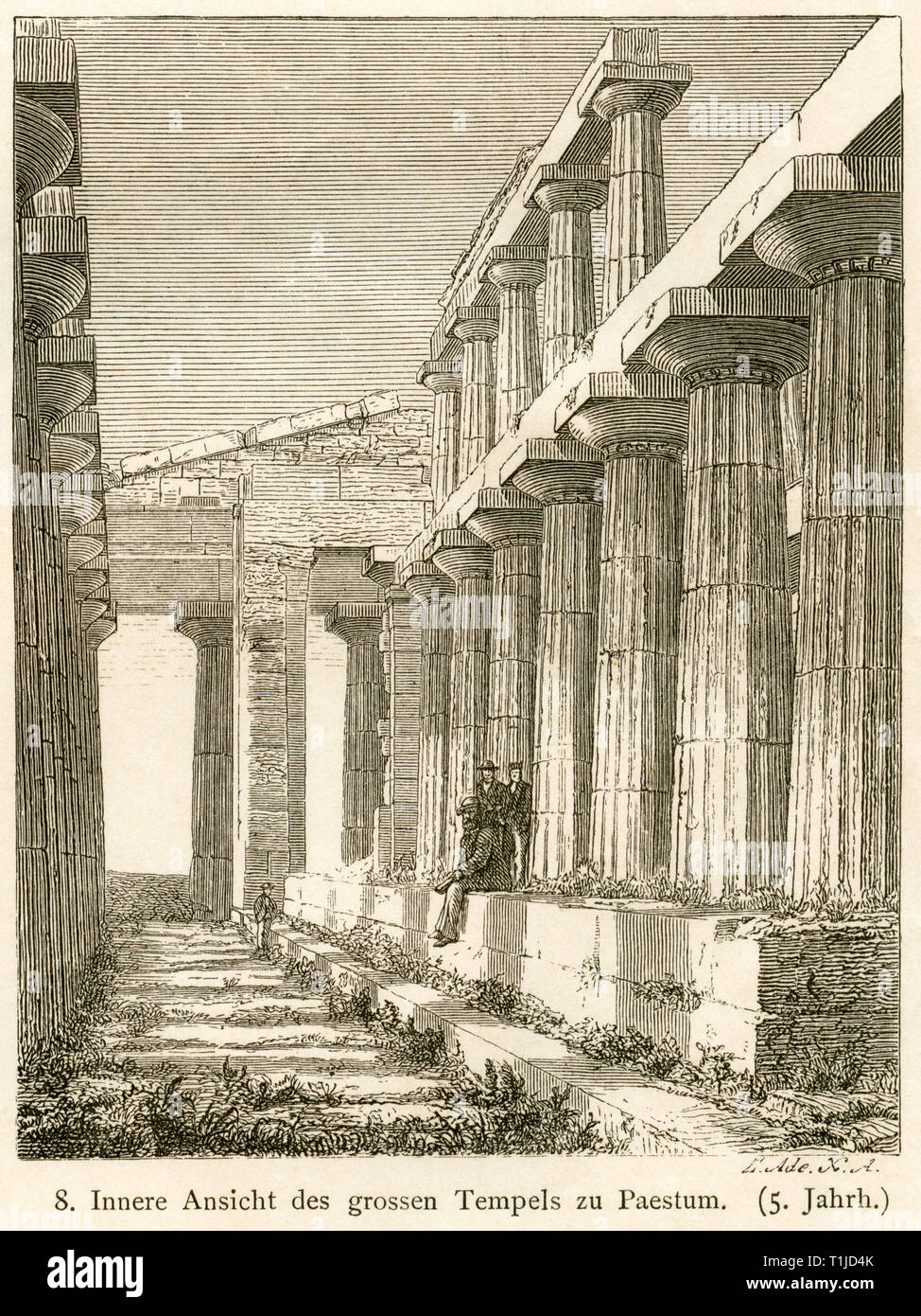 ancient world, Italy, Paestum, original text: Innere Ansicht des grossen Tempels zu Paestum (the big temple of Paestum inside), illustration from: 'Kunsthistorische Bilderbogen ' (Art history image gallery), first part, published by E. A. Seemann, Leipzig, 1878., Additional-Rights-Clearance-Info-Not-Available Stock Photo