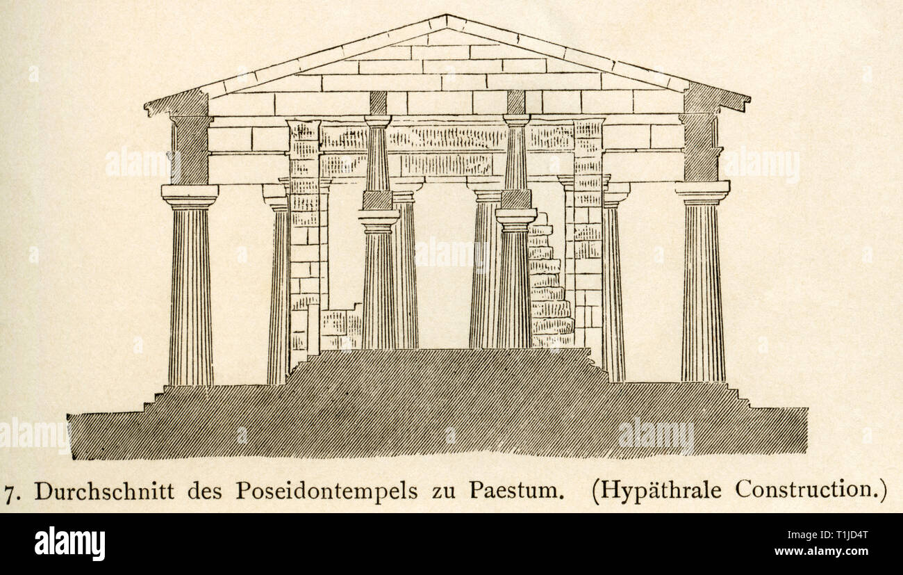 ancient world, Italy, Paestum, tempel to Hera (in earlier times temple of Poseidon), the average of the temple, illustration from: 'Kunsthistorische Bilderbogen ' (Art history image gallery), first part, published by E. A. Seemann, Leipzig, 1878., Additional-Rights-Clearance-Info-Not-Available Stock Photo