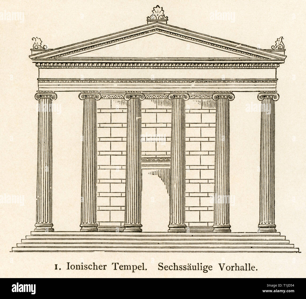 ancient world, Greece, temple in Ionic architectural style with six columns, illustration from: 'Kunsthistorische Bilderbogen ' (art history image gallery), first part, published by E. A. Seemann, Leipzig, 1878., Additional-Rights-Clearance-Info-Not-Available Stock Photo