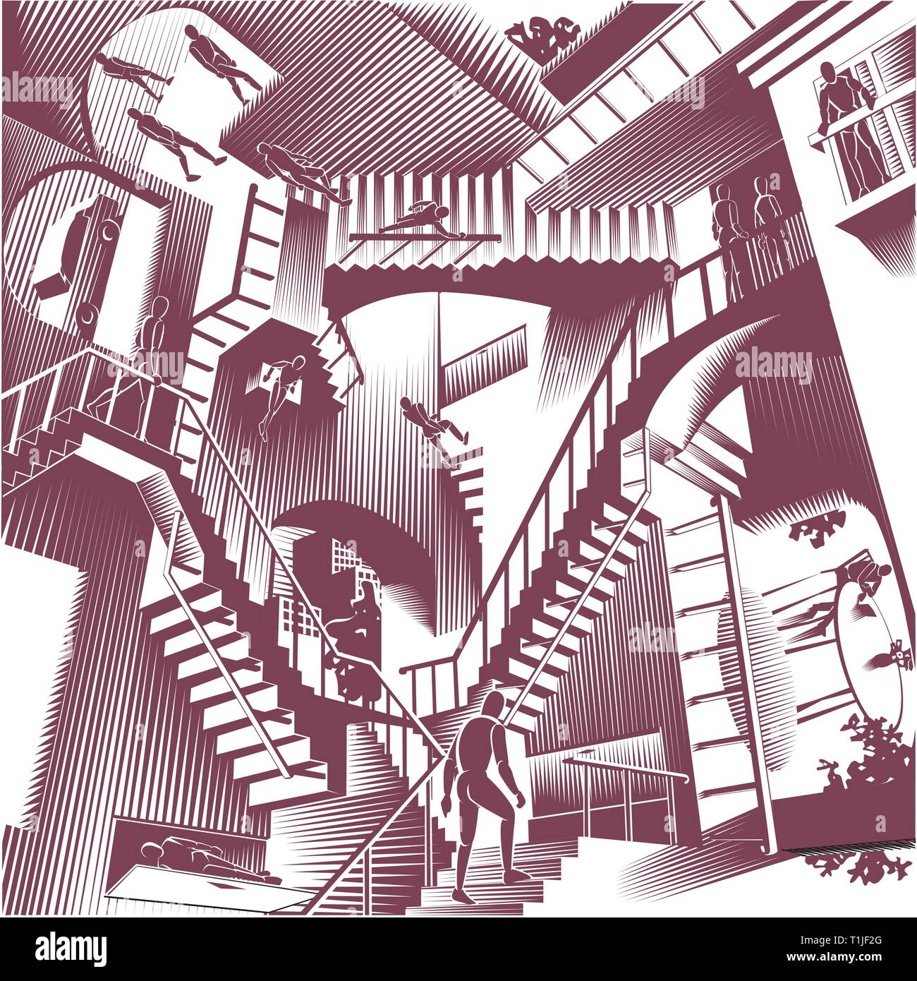 Confusion. A maze of stair cases running at different angles and directions with people walking, sitting and standing, going about their daily lives. Stock Vector
