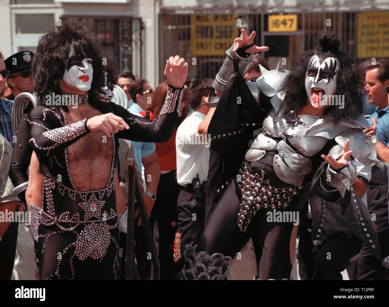 LOS ANGELES, CA - August 11, 1999: GENE SIMMONS (right) & PAUL STANLEY,  lead singers with rock group KISS, on Hollywood Blvd where the group were  honoured with the 2,142nd star on