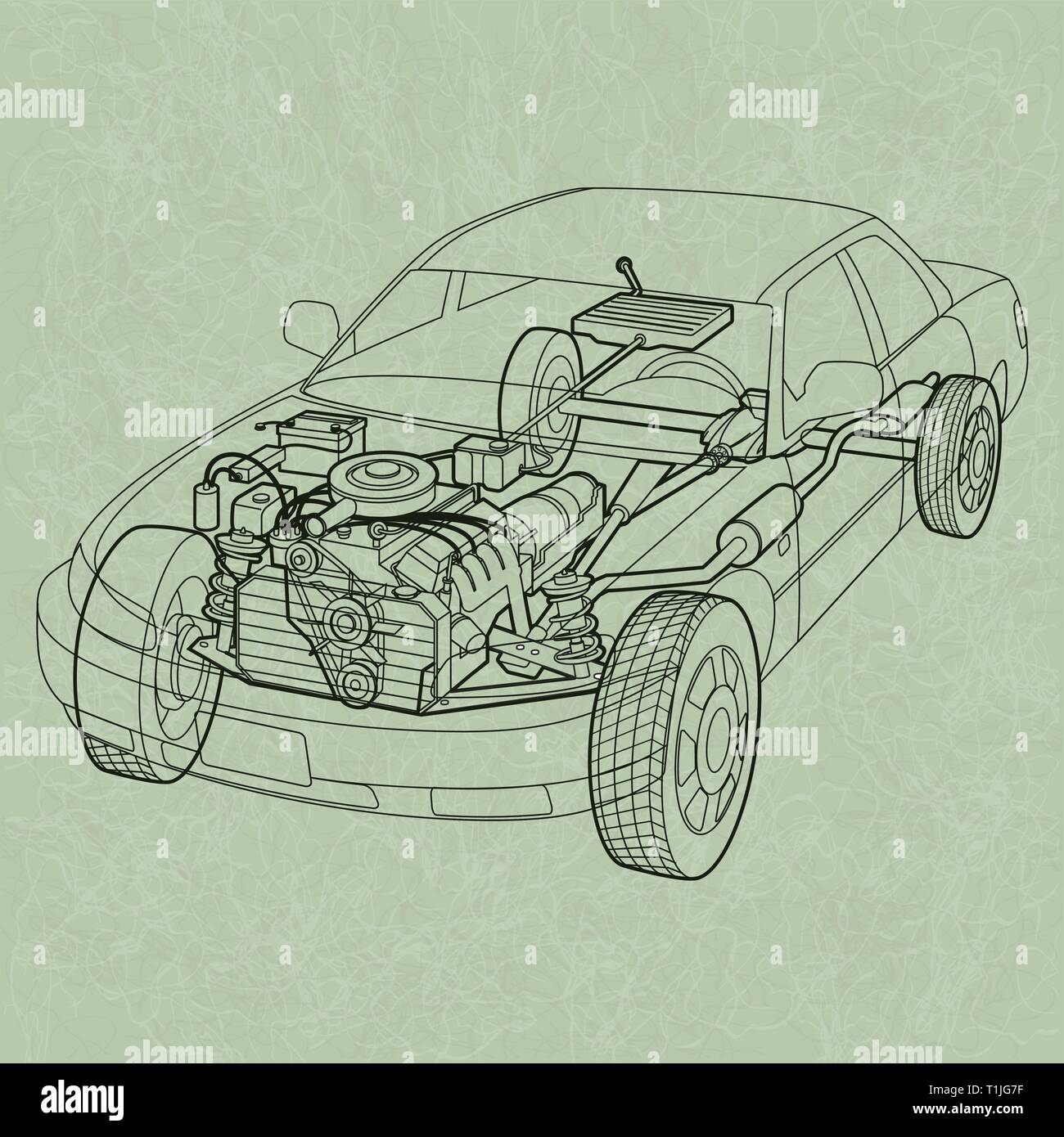 Generic Car Diagram. A ghosting or cross section of a car showing the engine, drive train and suspension. Stock Vector
