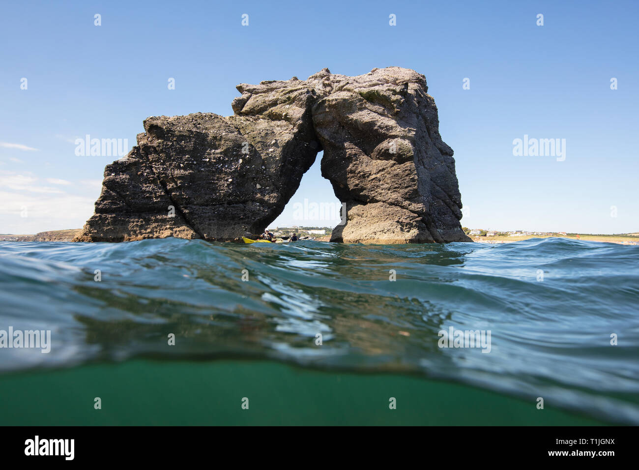 This beautiful rock stands out at sea guarding South Milton Sands, Thurlestone Stock Photo