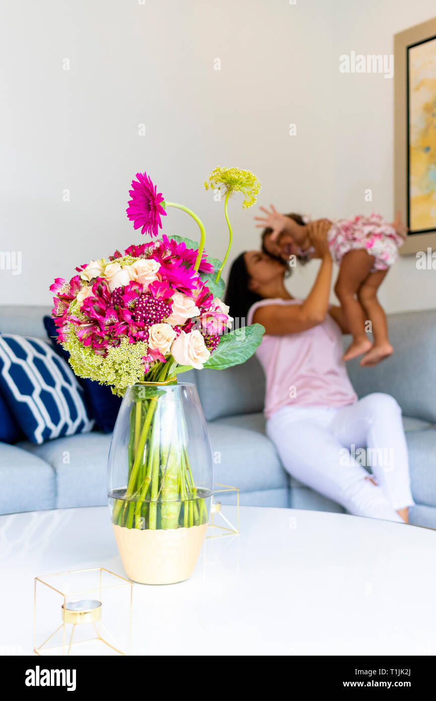 Floral arrangement decorating the living room of the house Stock Photo