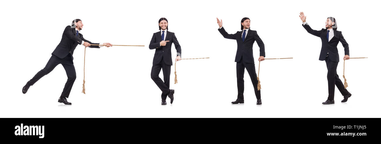 Young businessman pulling rope isolated on white Stock Photo