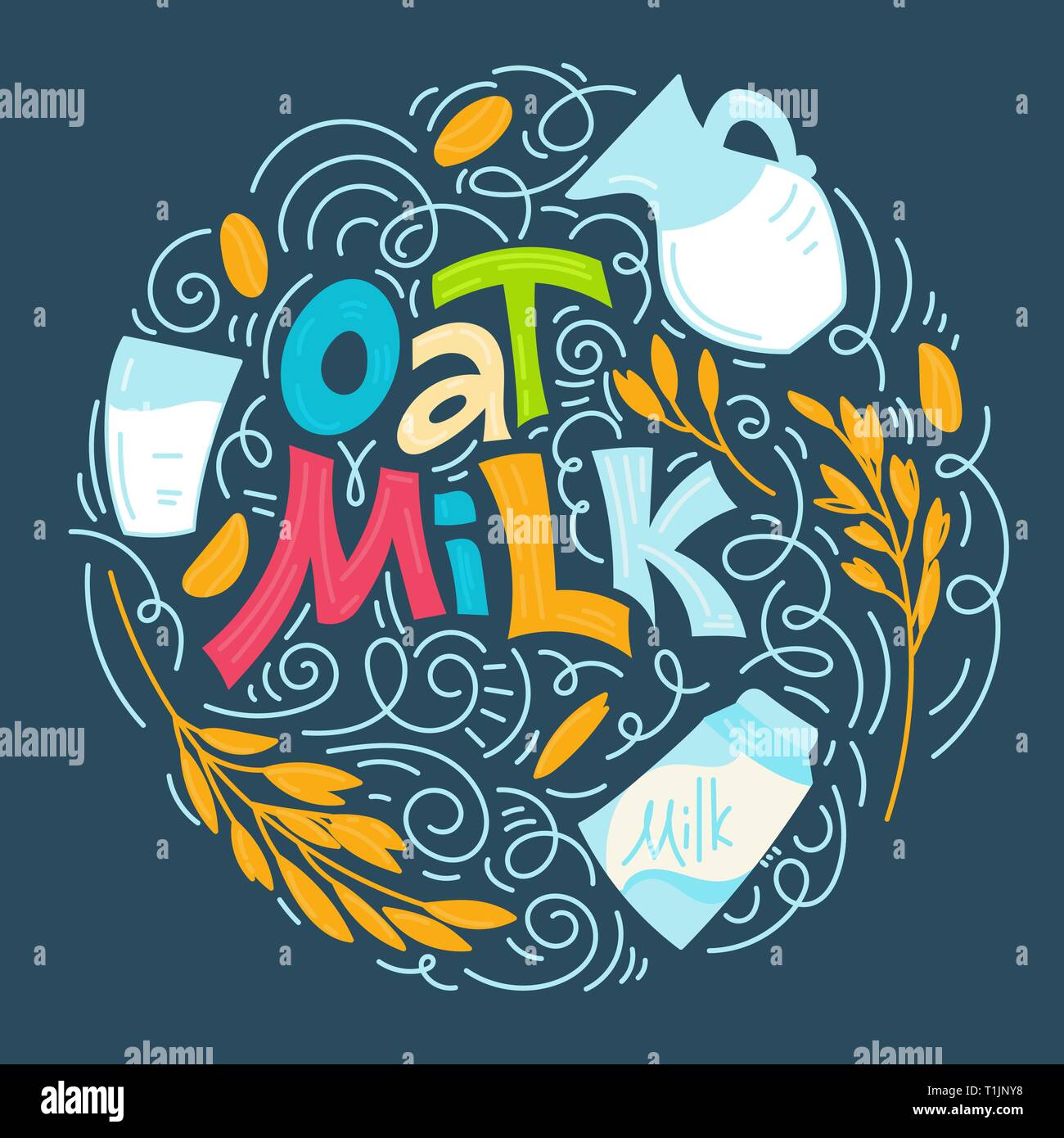 Oat milk hand drawn lettering. Spikes and grains of oats, glass with oat milk, carton box and glass jar of milk. Stock Vector