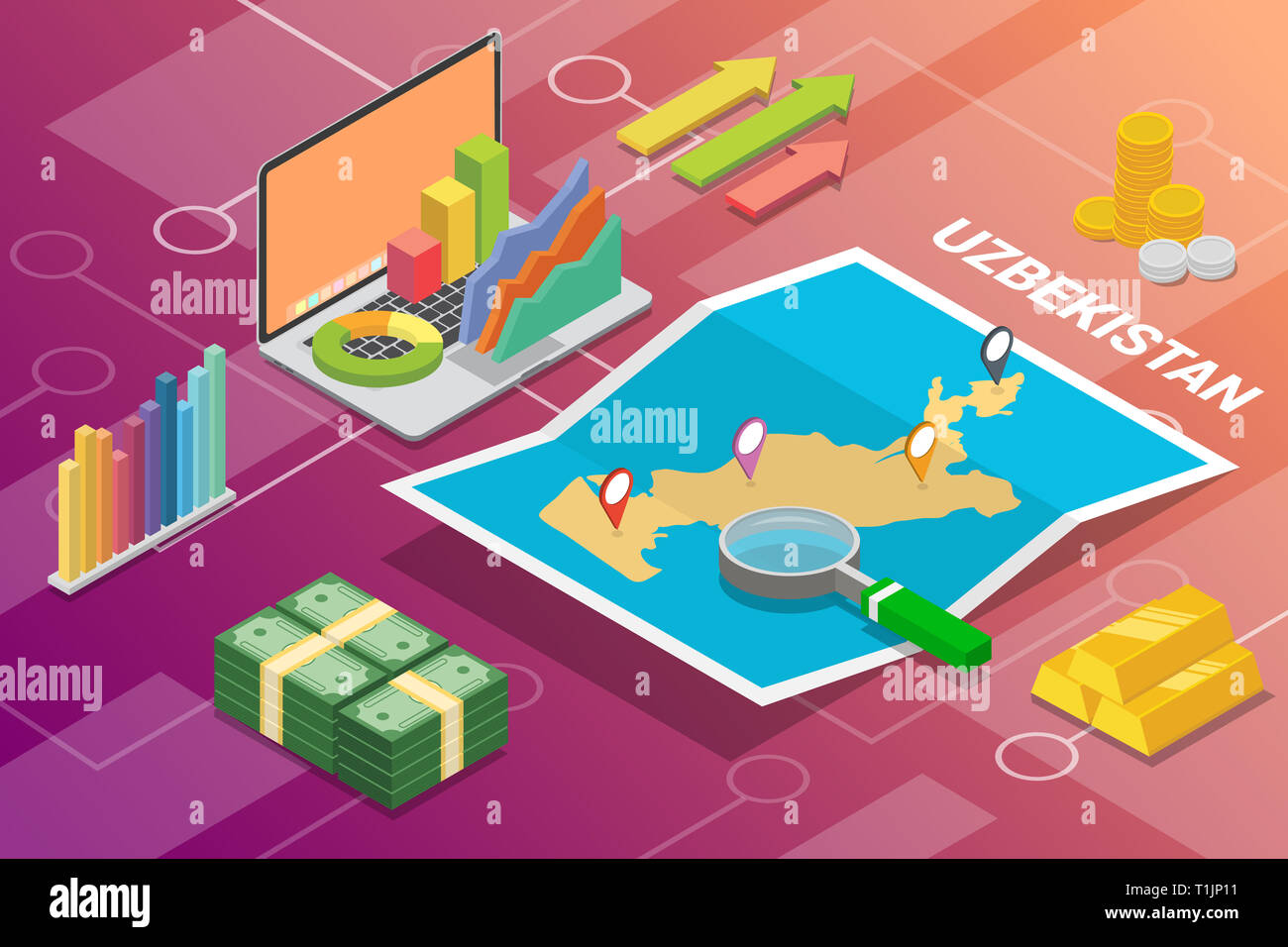 republic of uzbekistan isometric - Republic Of Uzbekistan Isometric Business Economy Growth Country With Map And Finance Condition Vector T1JP11 