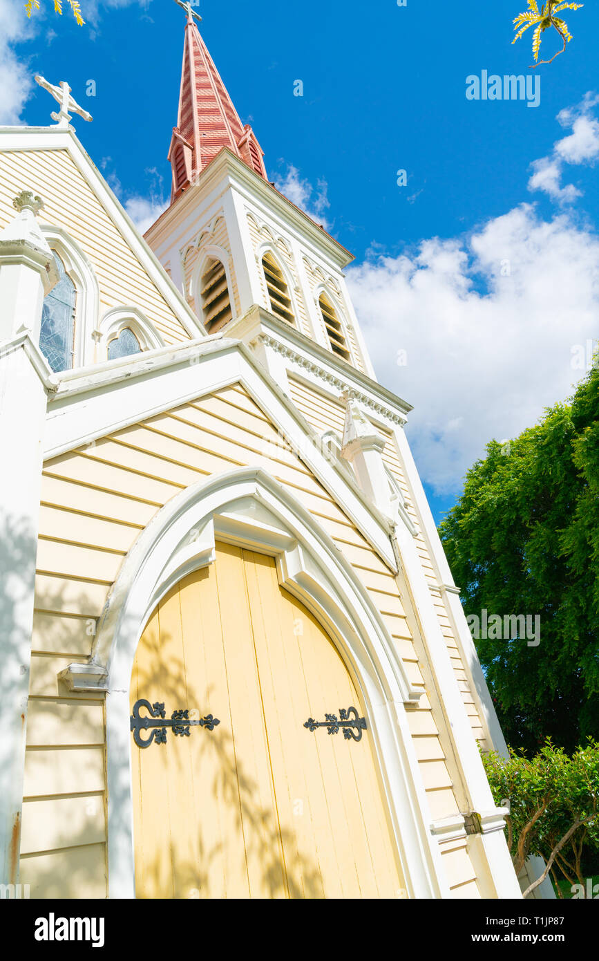 Architectural detail on striking pink church bell tower in Blenhiem New Zealand Stock Photo