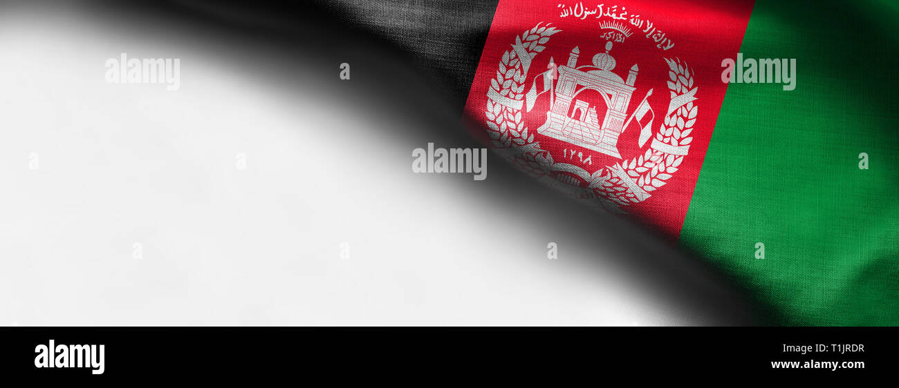 Colorful, closeup, wavy fabric flag of Afghanistan on white background - right top corner flag Stock Photo