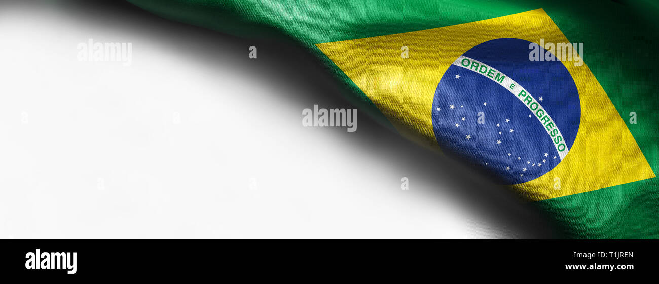 Brazilian flag fabric on white background - right top corner flag Stock Photo
