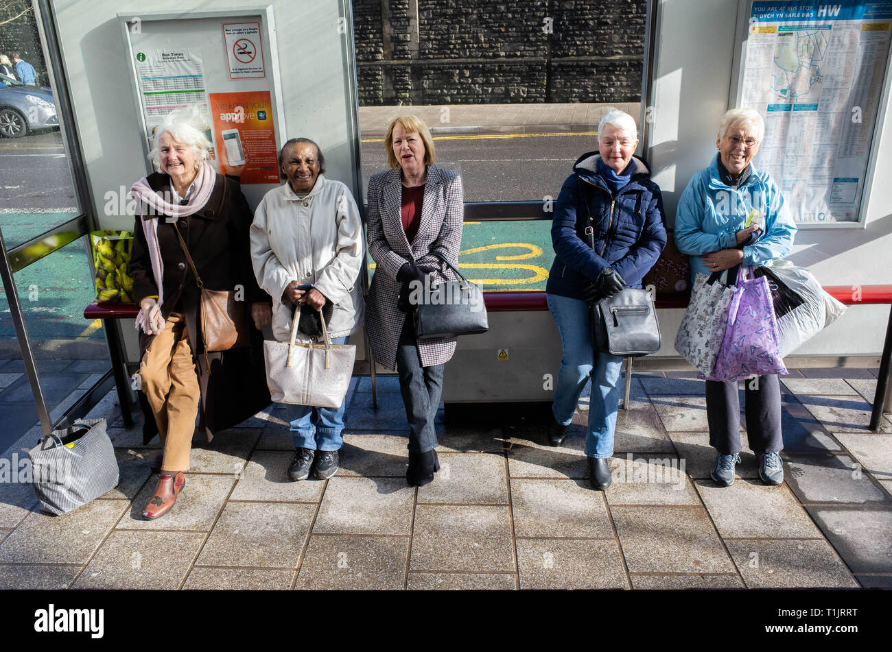 CARDIFF, UNITED KINGDOM.  7 February 2019.  (L-R) Marlene, Cynthia, Margaret, Ellen & Maureen all wait for their bus in Cardiff city centre.  Cardiff  Stock Photo