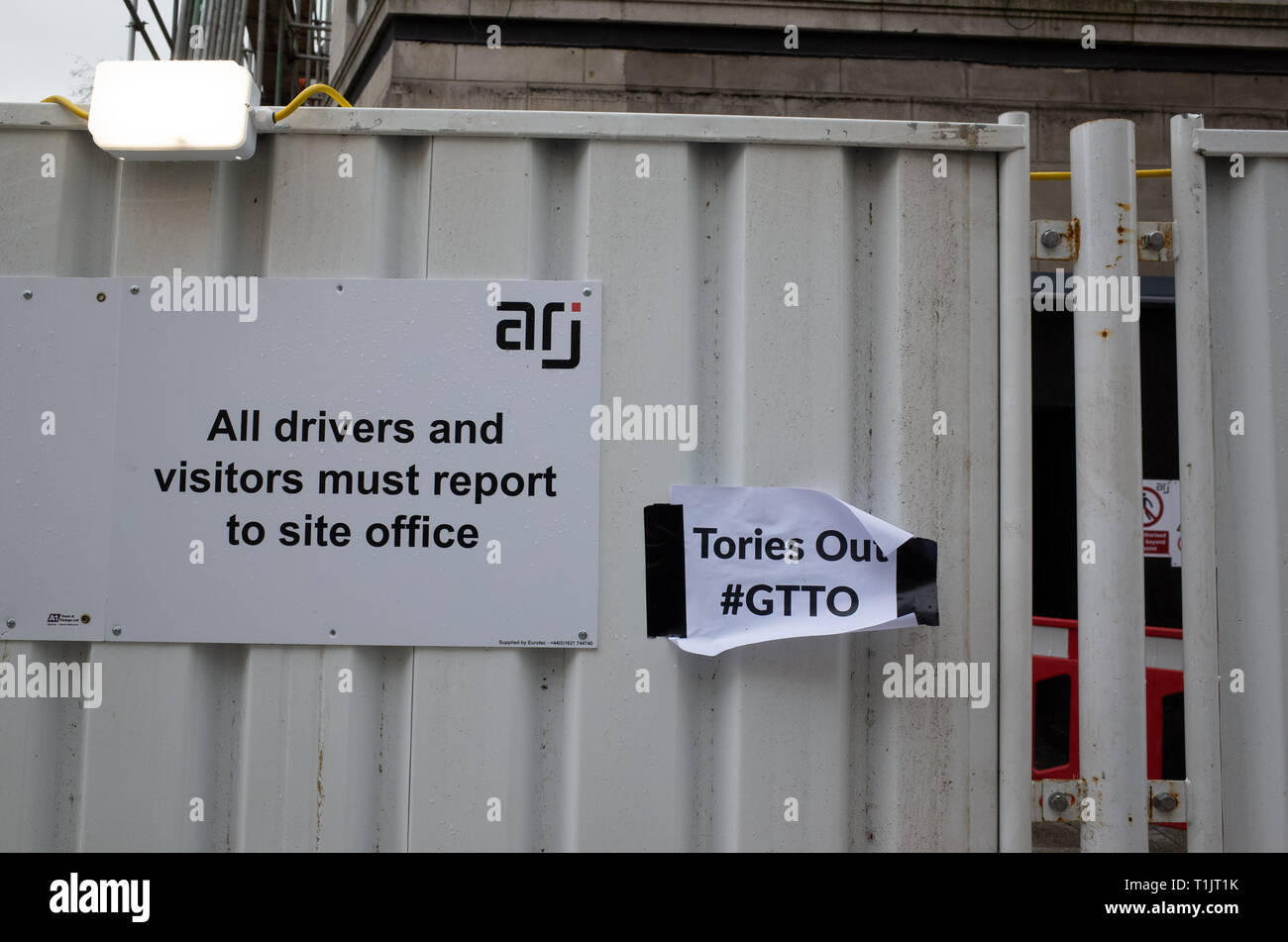 CARDIFF, UNITED KINGDOM.  18 January 2019.  Homemade signs stating, 'Tories Out #GTTO' have appeared around the Cardiff city centre and nearby areas.  Stock Photo
