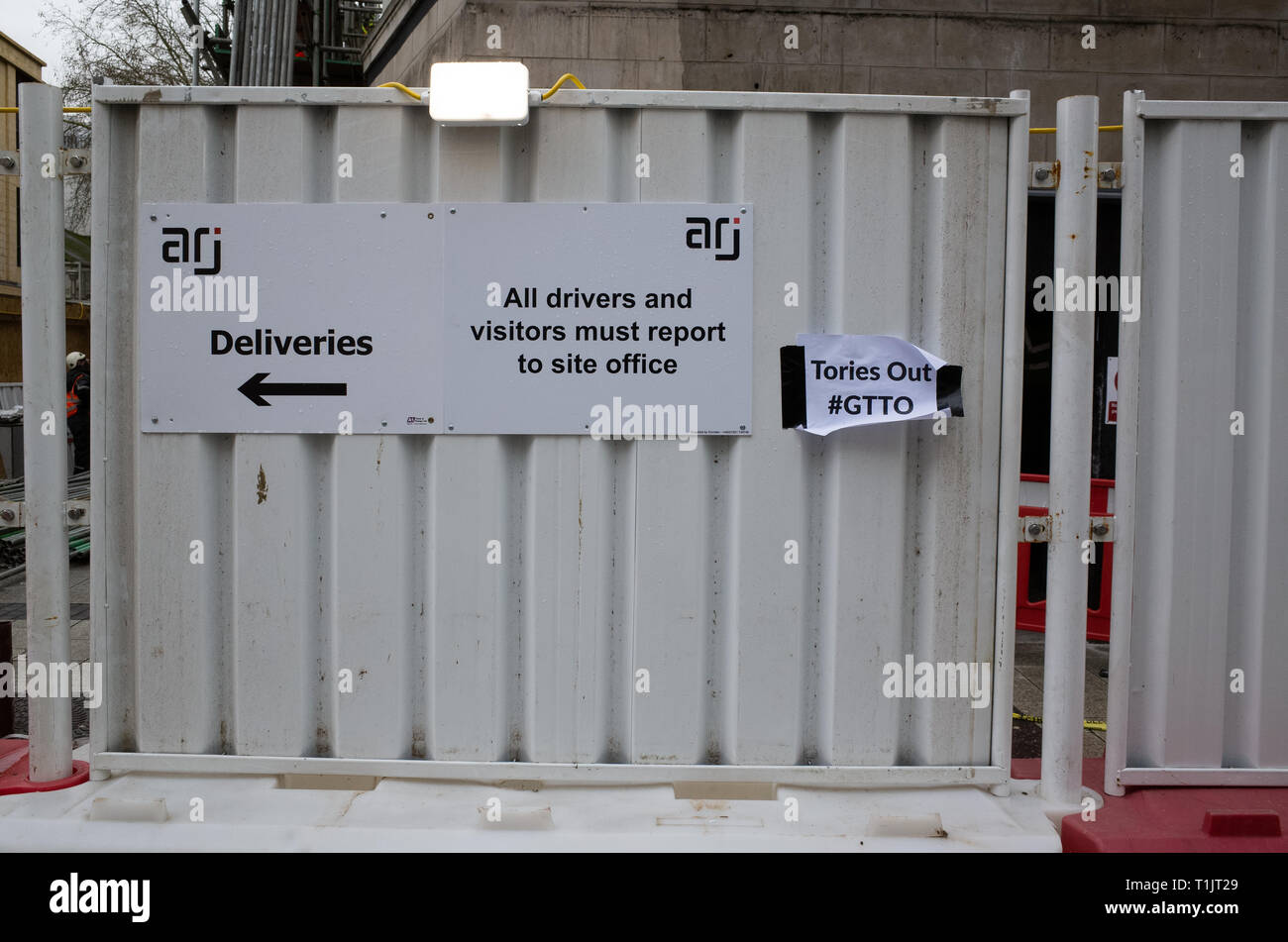 CARDIFF, UNITED KINGDOM.  18 January 2019.  Homemade signs stating, 'Tories Out #GTTO' have appeared around the Cardiff city centre and nearby areas.  Stock Photo