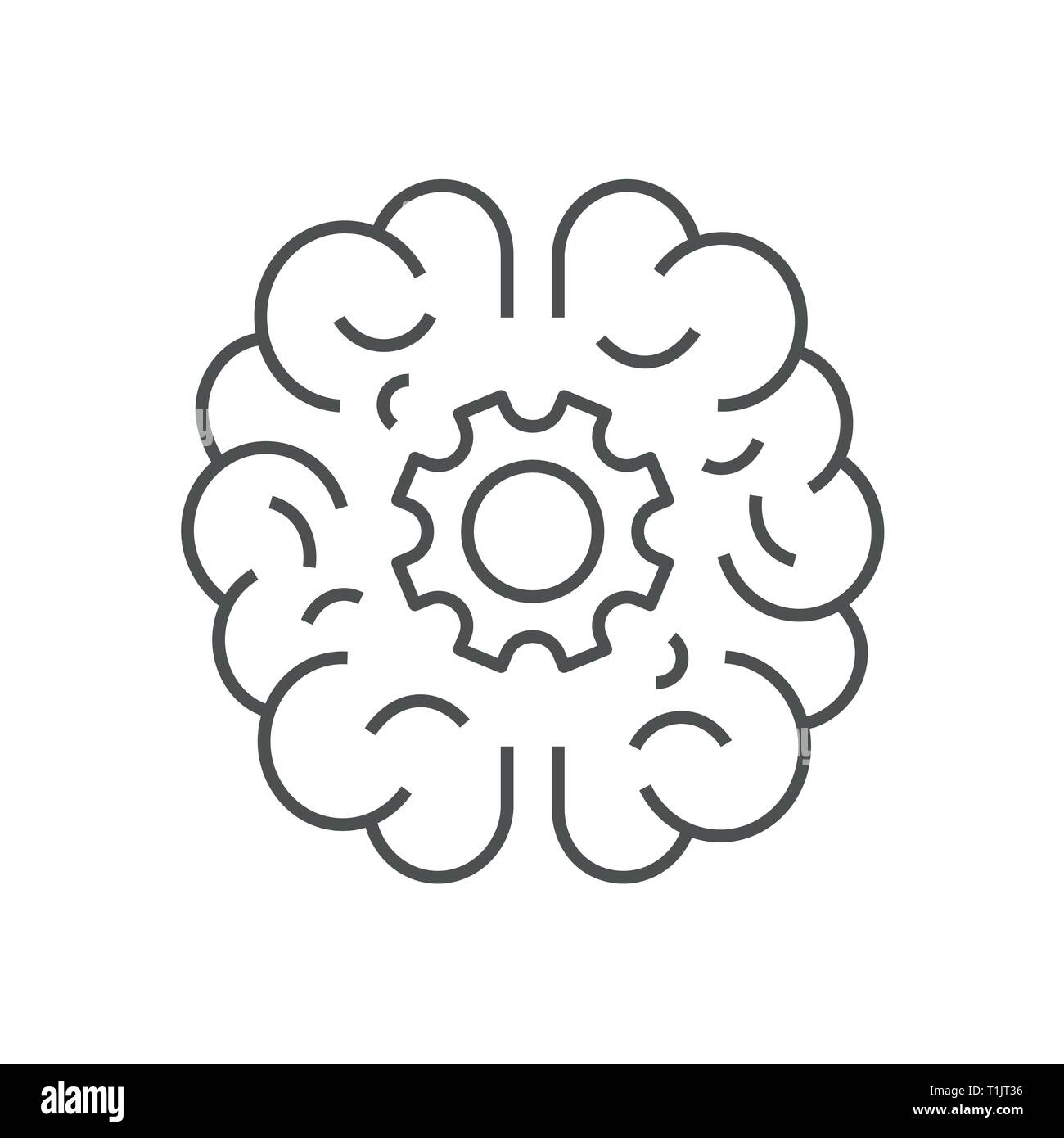 Human brain with cogwheel inside linear icon. Artificial intelligence concept. Technology progress. Thin line illustration. Contour symbol. Vector Stock Vector