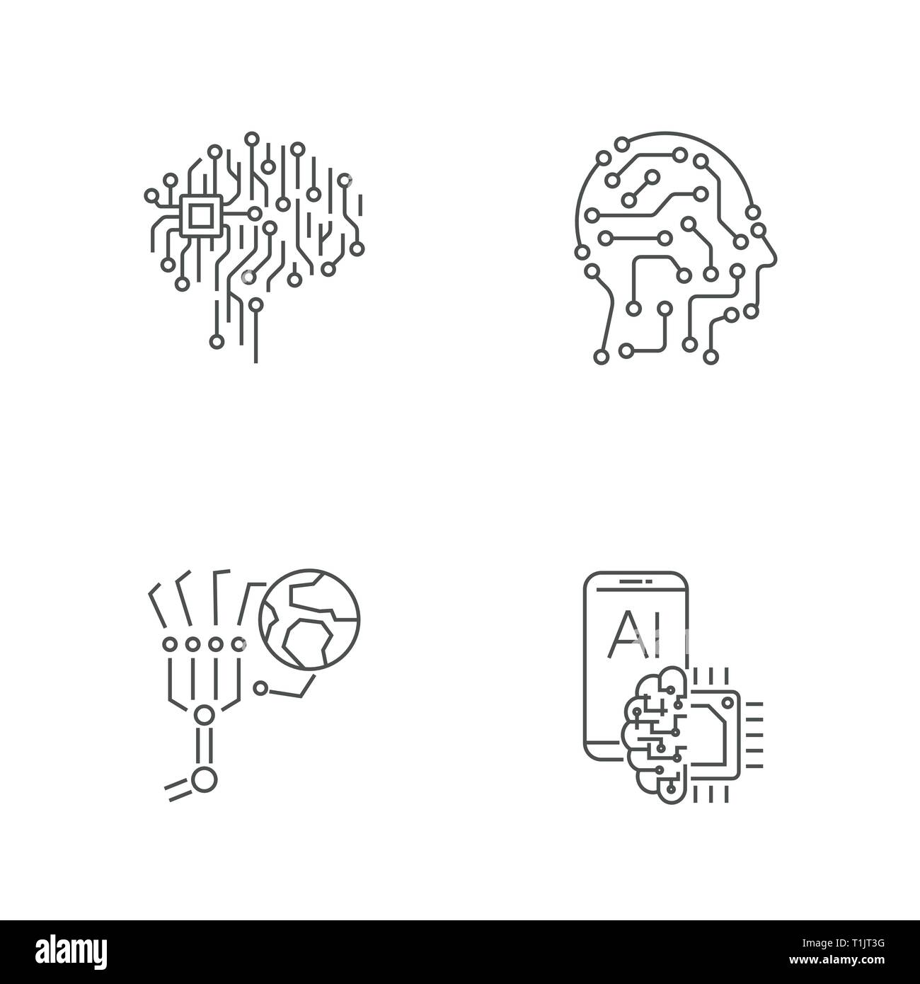 Simple set of digital technology icons. AI, IoT, Industry 4.0, hi-tech. Editable Stroke. EPS 10 Stock Vector