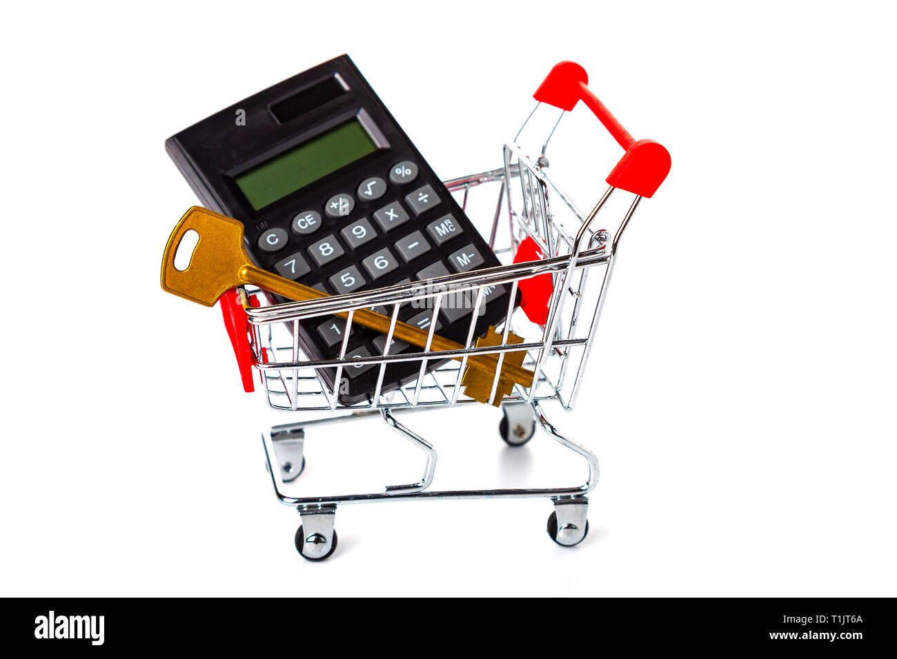 Shopping cart, key and calculator isolated on white background Stock Photo Alamy