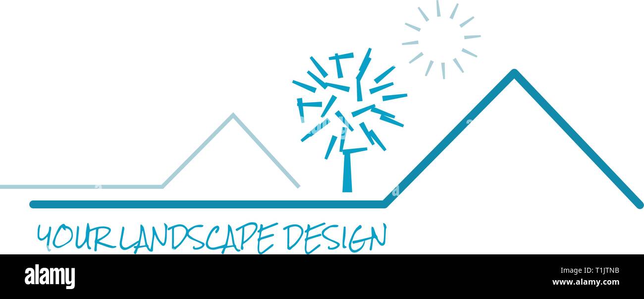 Two mountains, under a sun and spiky tree architectural design concept Stock Vector