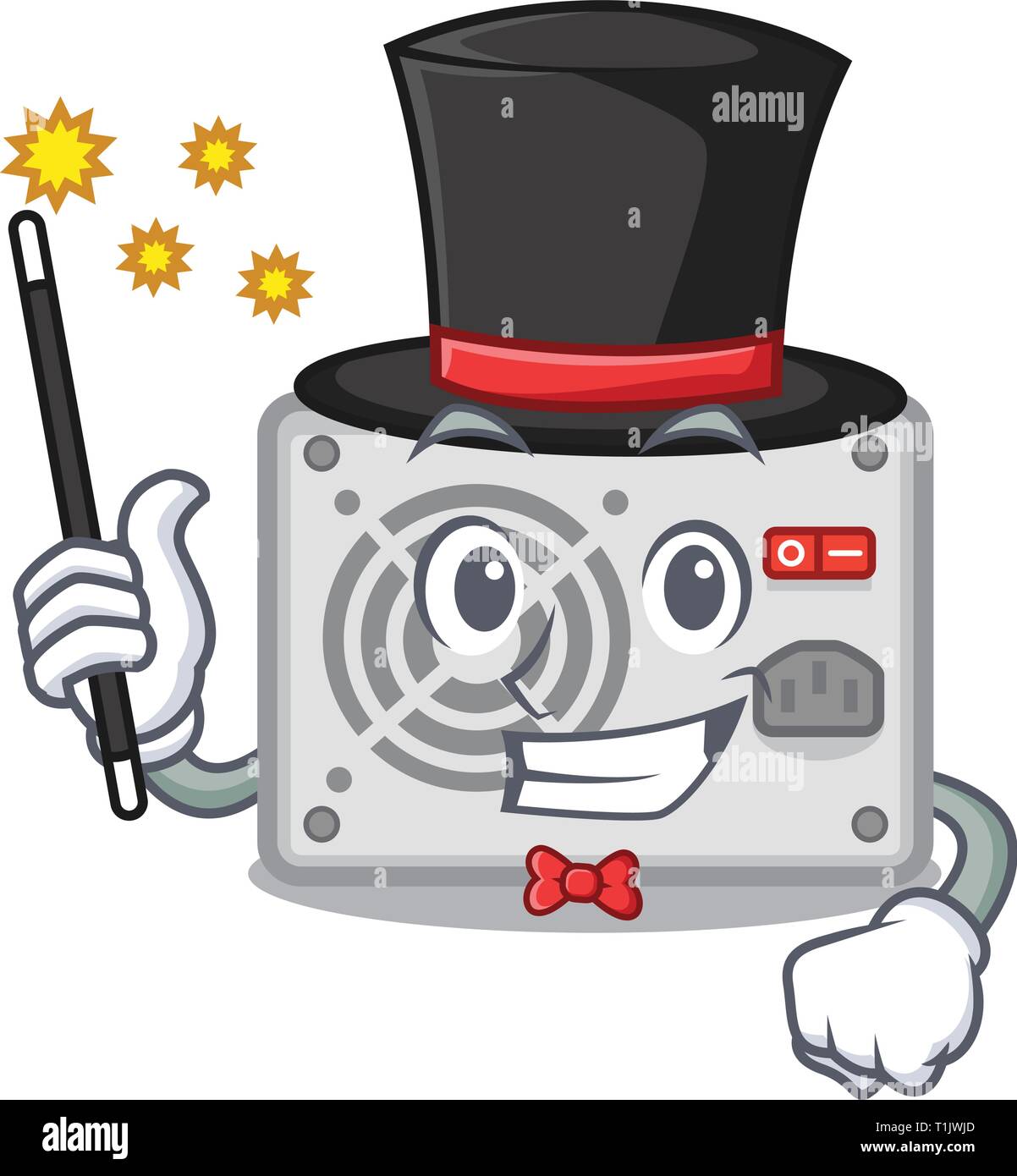 Magician cartoon power supply on the computer vector illustration Stock