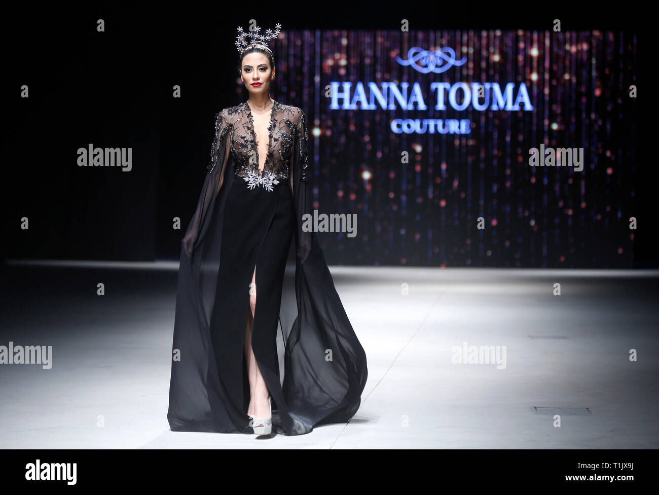 Beirut, Lebanon. 26th Mar, 2019. A model presents a creation by Lebanese couture  Hanna Touma during the Designers & Brands fashion show in Beirut, Lebanon,  on March 26, 2019. The fashion show
