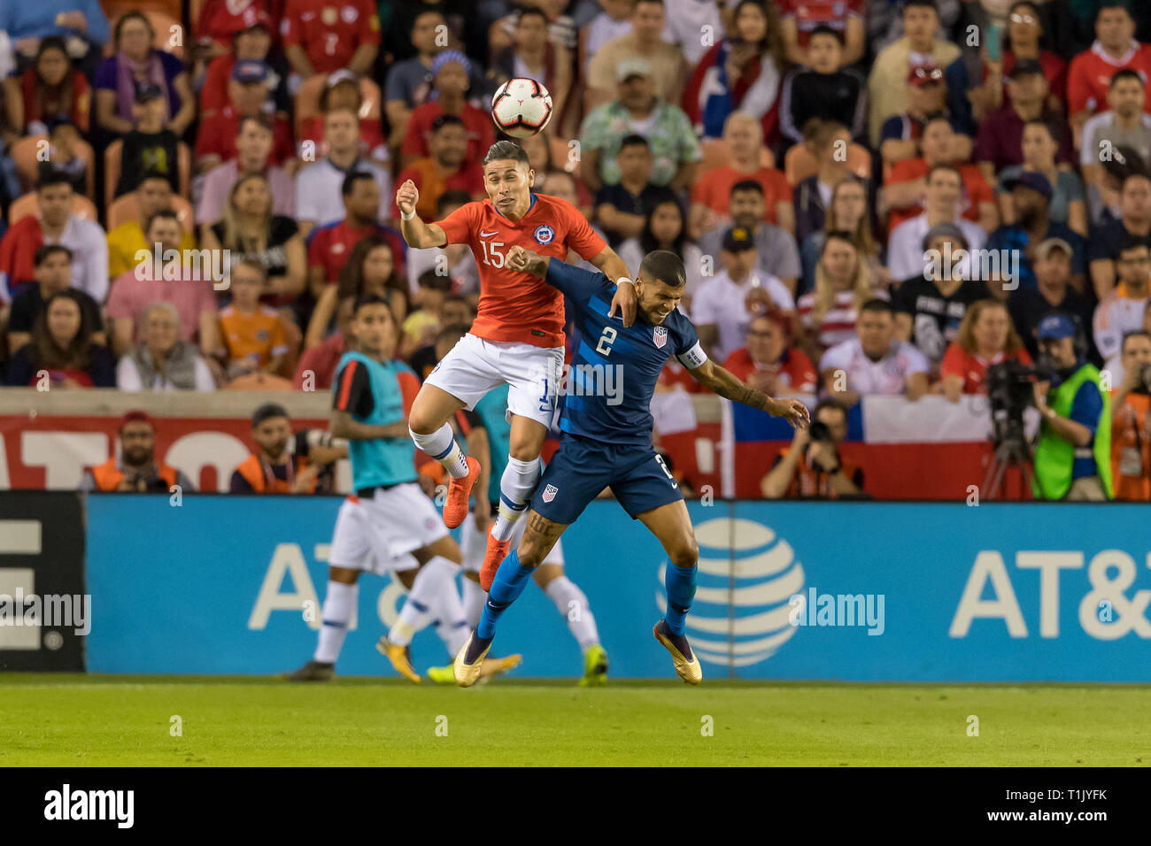 Houston, Texas, USA. 26th Mar 2019. USA defender DeAndre Yedlin (2) and Chile defender Ã®scar Opazo (15) during the second half of the international friendly match between USA and Chile at BBVA Compass Stadium in Houston, Texas The final ends in a tie 1-1 © Maria Lysaker/CSM. Credit: Cal Sport Media/Alamy Live News Stock Photo