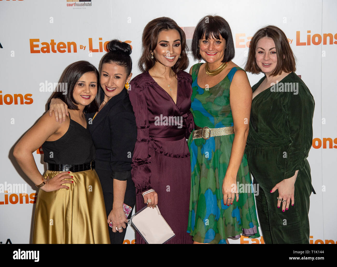 (L to R) Natalie Davies, Hayley Tamaddon, Shila Iqbal, Hannah Stevenson and Sarah Hoare attend the Eaten By Lions film premiere. Stock Photo
