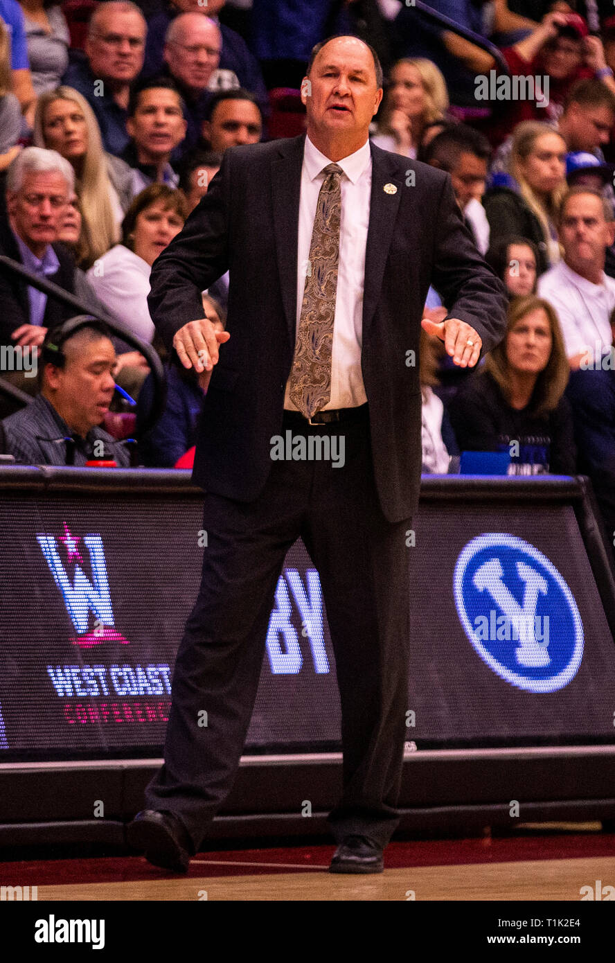Stanford, CA, USA. 25th Mar, 2019. A. BYU head coach Jeff Judkins during the NCAA Women's Basketball Championship Second Round between the BYU Cougars and the Stanford Cardinal 63-72 lost at Maples Pavilion Stanford, CA. Thurman James /CSM/Alamy Live News Stock Photo