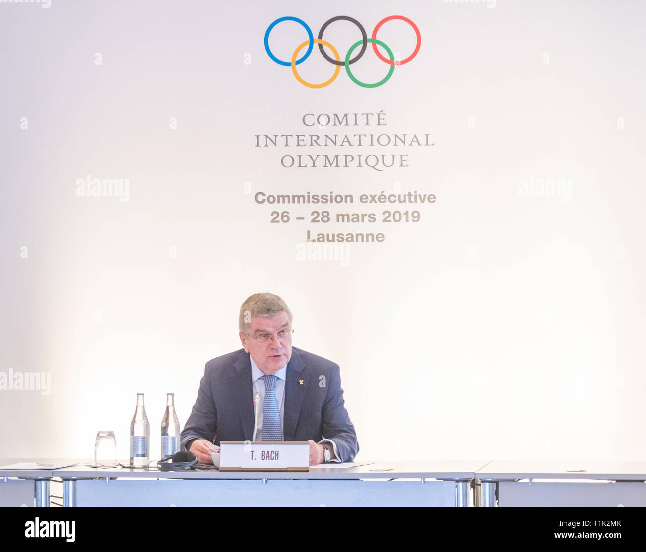 Lausanne, Switzerland. 27th March, 2019.  Conference on the activities of the various commissions and OCOGs (Tokyo 2020, Beijing 2022, Lausanne 2020, Dakar 2022) and which is led by IOC President Thomas Bach at Lausanne Palace in IOC Executive board Meeting 2019 in Lausanne, Switzerland, 27-03-2019. Credit: Eric Dubost/Alamy Live News Stock Photo