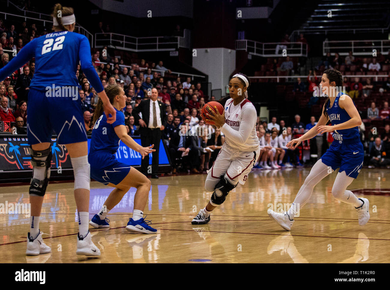 Stanford, CA, USA. 25th Mar, 2019. A. Stanford guard DiJonai Carrington (21)drives to the basket during the NCAA Women's Basketball Championship Second Round between the BYU Cougars and the Stanford Cardinal 72-63 win at Maples Pavilion Stanford, CA. Thurman James /CSM/Alamy Live News Stock Photo