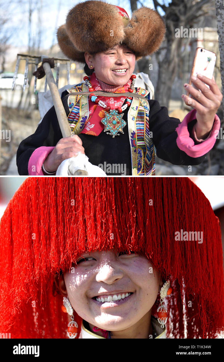 (190327) -- BEIJING, March 27, 2019 (Xinhua) -- The upper part photo taken by Chogo on March 16, 2019 shows a villager taking selfies in Menzhonggang Village of Nedong in Shannan City.     The lower part photo taken by Purbu Zhaxi on Sept. 1, 2008 shows a herdswoman participating in a horse racing festival in Damxung County of Lhasa. Stock Photo
