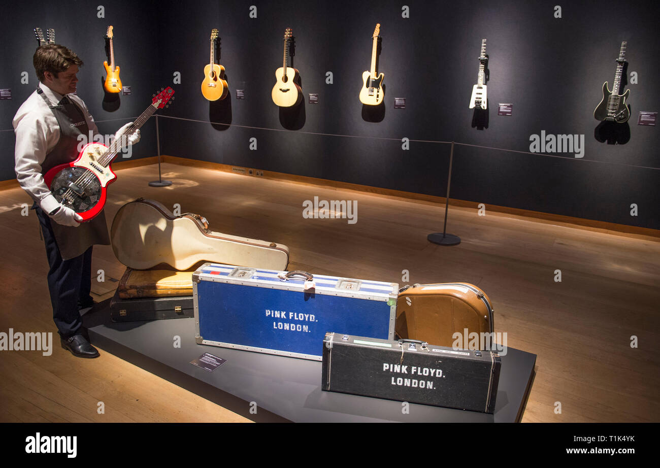Christies, King Street, London, UK. 27 March, 2019. Christie's unveil the  much-anticipated preview of the personal guitar collection of rock'n'roll  legend David Gilmour, guitarist, singer and songwriter of Pink Floyd. The  first