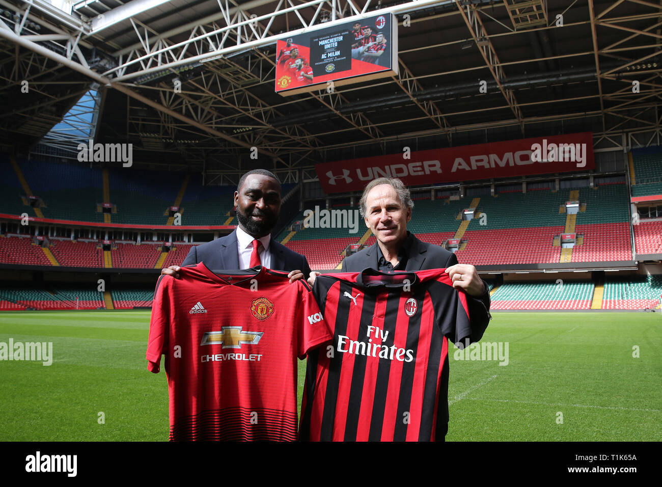 elevation høflighed Forgænger Cardiff, UK. 27th Mar, 2019. Andrew Cole (Man Utd legend) and Franco Baresi  (AC Milan legend) at the launch.International Champions Cup European launch  press conference at the Principality Stadium in Cardiff, South