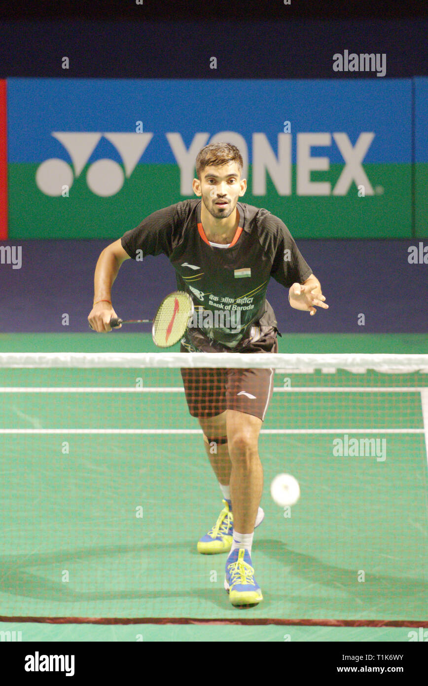 New Delhi, India. 27th March 2019. Kidambi Srikanth of India in action in  the first round of the Yonex Sunrise India Open 2019 in New Delhi, India.  Credit: Karunesh Johri/Alamy Live News