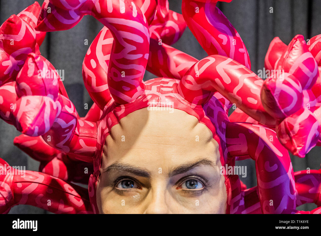 London, UK. 27th Mar, 2019. 'Olympe' by AspenCrow, a sculptural interpretation of medusa at the JD Malat Gallery - embodying the image and essence of Cara Delevigne and Olympe de Gouge.It symbolises the past, present and future of feminism which constantly evolves in the fight for gender equality. Created by AspenCrow, Edgar Askelovic, a self taught Lithuanian artist into hyperrealistic interpretive sculpture blending a mix of disciplines and techniques. 'Olympe' is made of Silicon UV resistant, resin and Acrylic Credit: Guy Bell/Alamy Live News Stock Photo