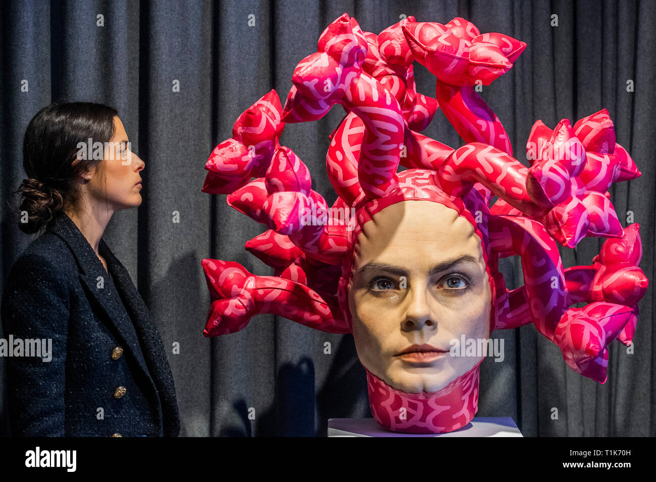 London, UK. 27th Mar, 2019. 'Olympe' by AspenCrow, a sculptural interpretation of medusa at the JD Malat Gallery - embodying the image and essence of Cara Delevigne and Olympe de Gouge.It symbolises the past, present and future of feminism which constantly evolves in the fight for gender equality. Created by AspenCrow, Edgar Askelovic, a self taught Lithuanian artist into hyperrealistic interpretive sculpture blending a mix of disciplines and techniques. 'Olympe' is made of Silicon UV resistant, resin and Acrylic Credit: Guy Bell/Alamy Live News Stock Photo