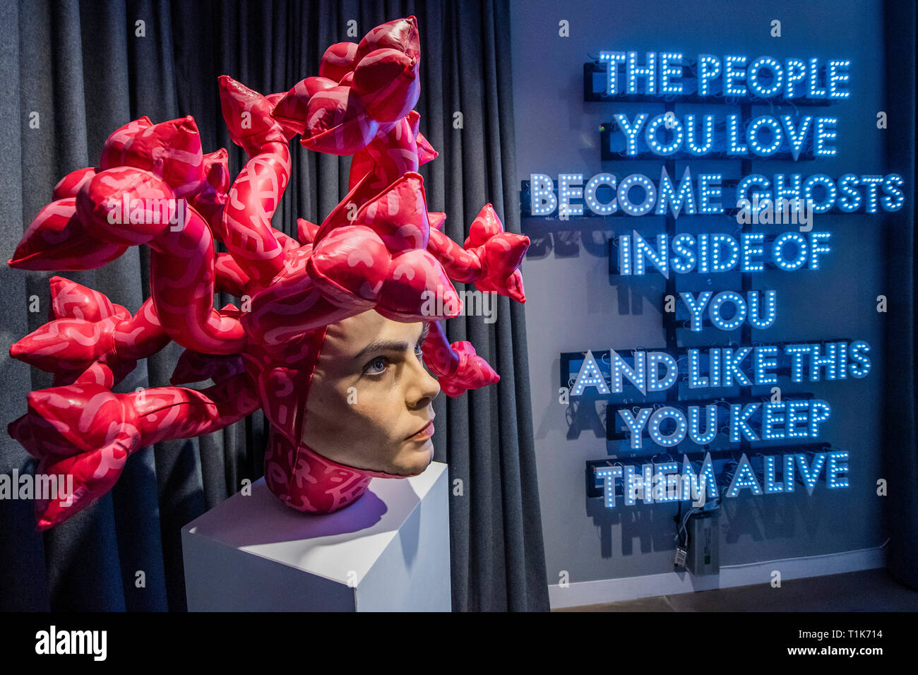 London, UK. 27th Mar, 2019. 'Olympe' by AspenCrow, a sculptural  interpretation of medusa at the JD Malat Gallery with People You Love by  Robert Montgomery - embodying the image and essence of