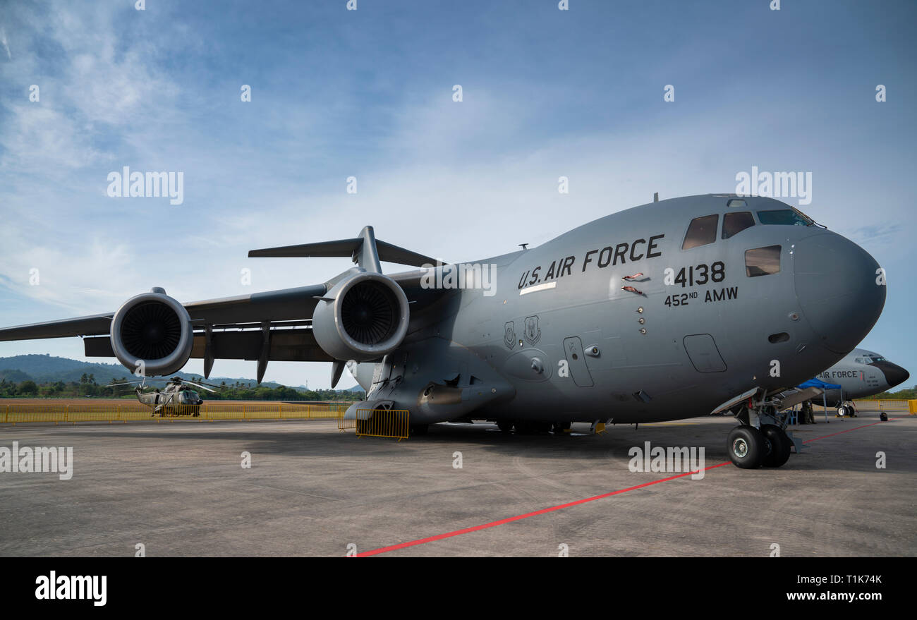 Langkawi, Malaysia. 27th March 2019. US Airforce Boeing C-17 transport plane on display at the LIMA exhibition Credit: Chung Jin Mac/Alamy Live News Stock Photo