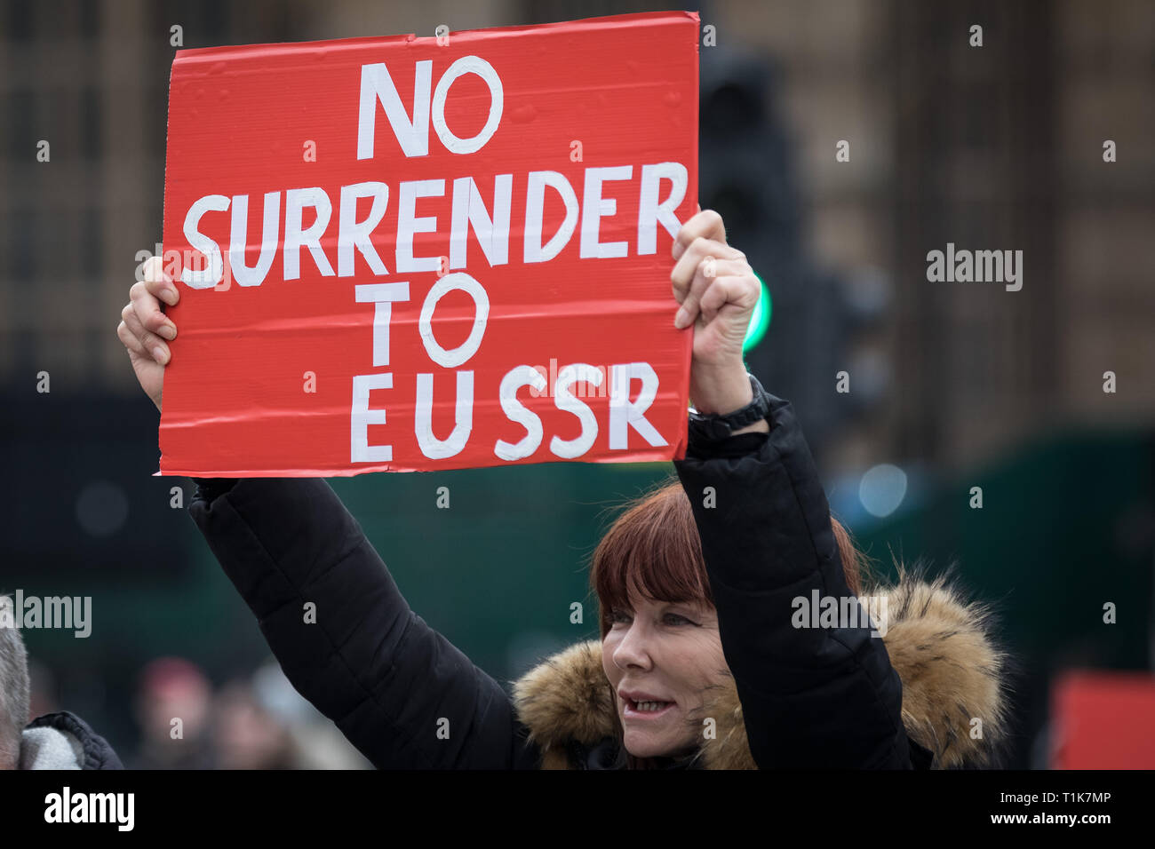 London, UK. 27th March 2019. Brexit supporters continue their daily protest vigils near Westminster's Parliament buildings on the day commons speaker John Bercow put any fresh meaningful vote in doubt by firming up his 'no repeat votes' ruling. Credit: Guy Corbishley/Alamy Live News Stock Photo