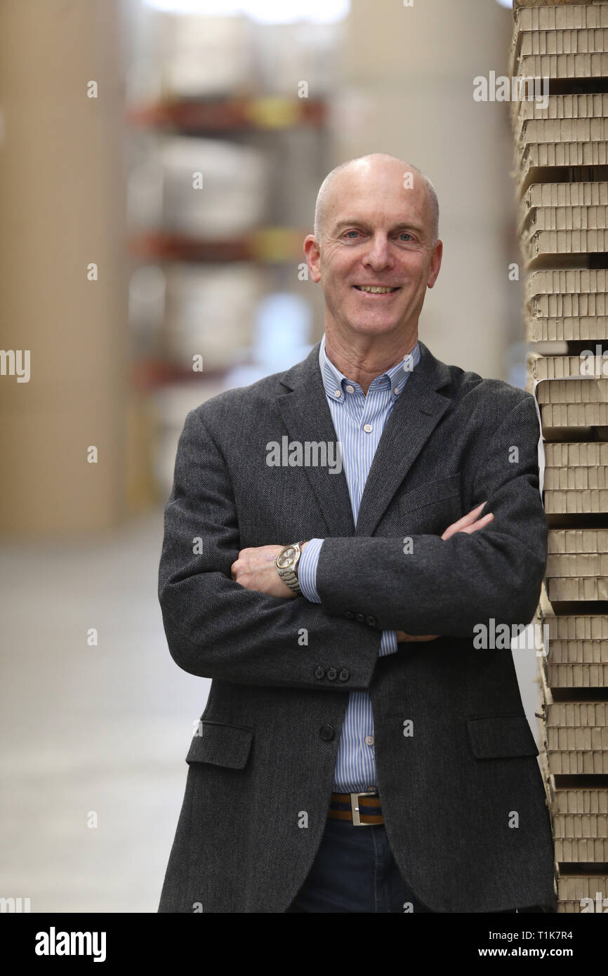 Rostock, Germany. 27th Mar, 2019. Ram Peleg, General Manager of Yamaton Paper GmbH, stands in the production hall of Yamaton Paper GmbH. Yamaton Paper GmbH officially starts the production of special packaging. Credit: Danny Gohlke/dpa/Alamy Live News Stock Photo