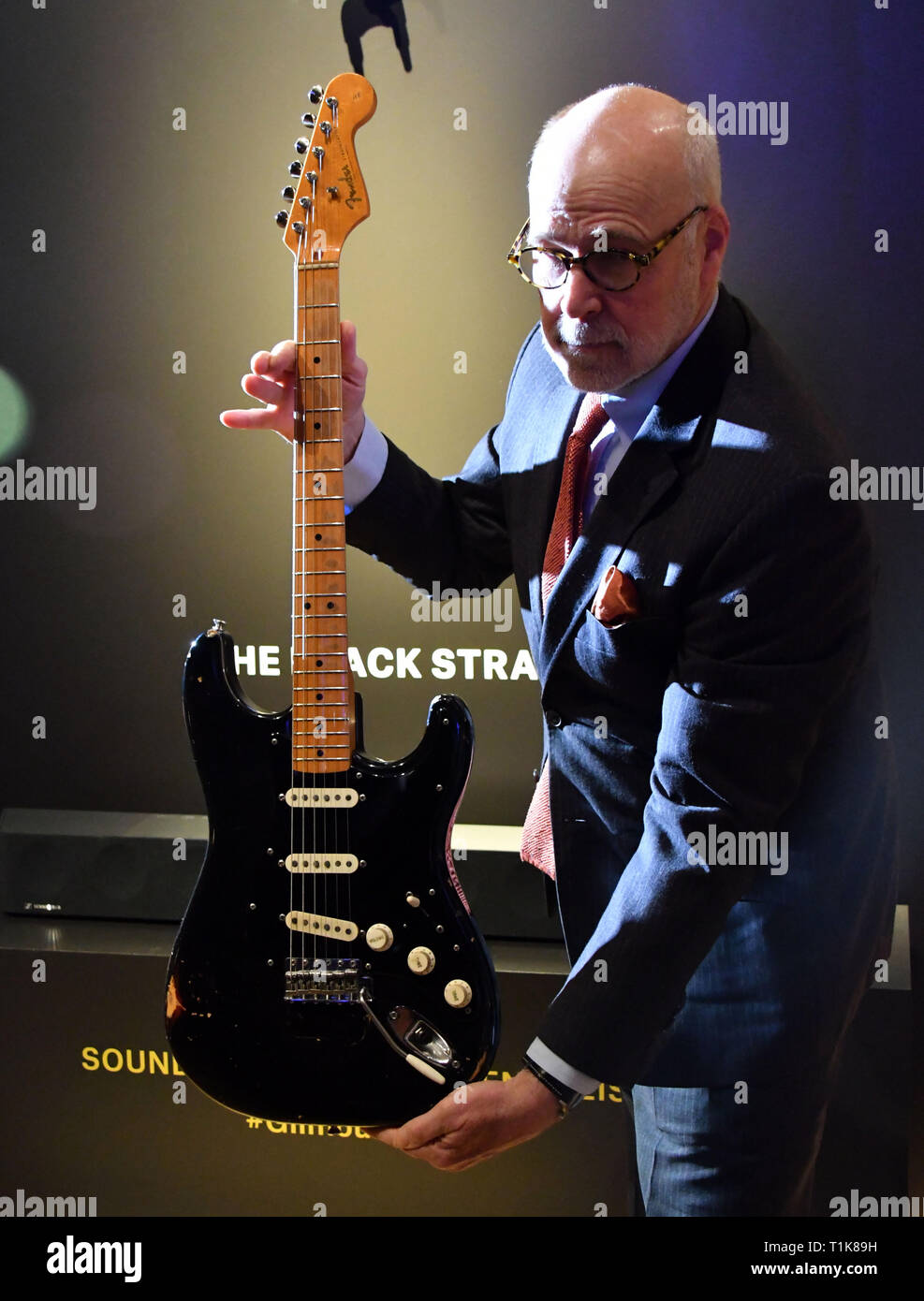 London, UK. 27th Mar, 2019. Kerry Keane, Christie's Musical Instruments  Specialist with The Black Strat, 1969, estimate $100,000-150,000 at  Christie's preview of the personal guitar collection of Pink Floyd legend  David Gilmour,