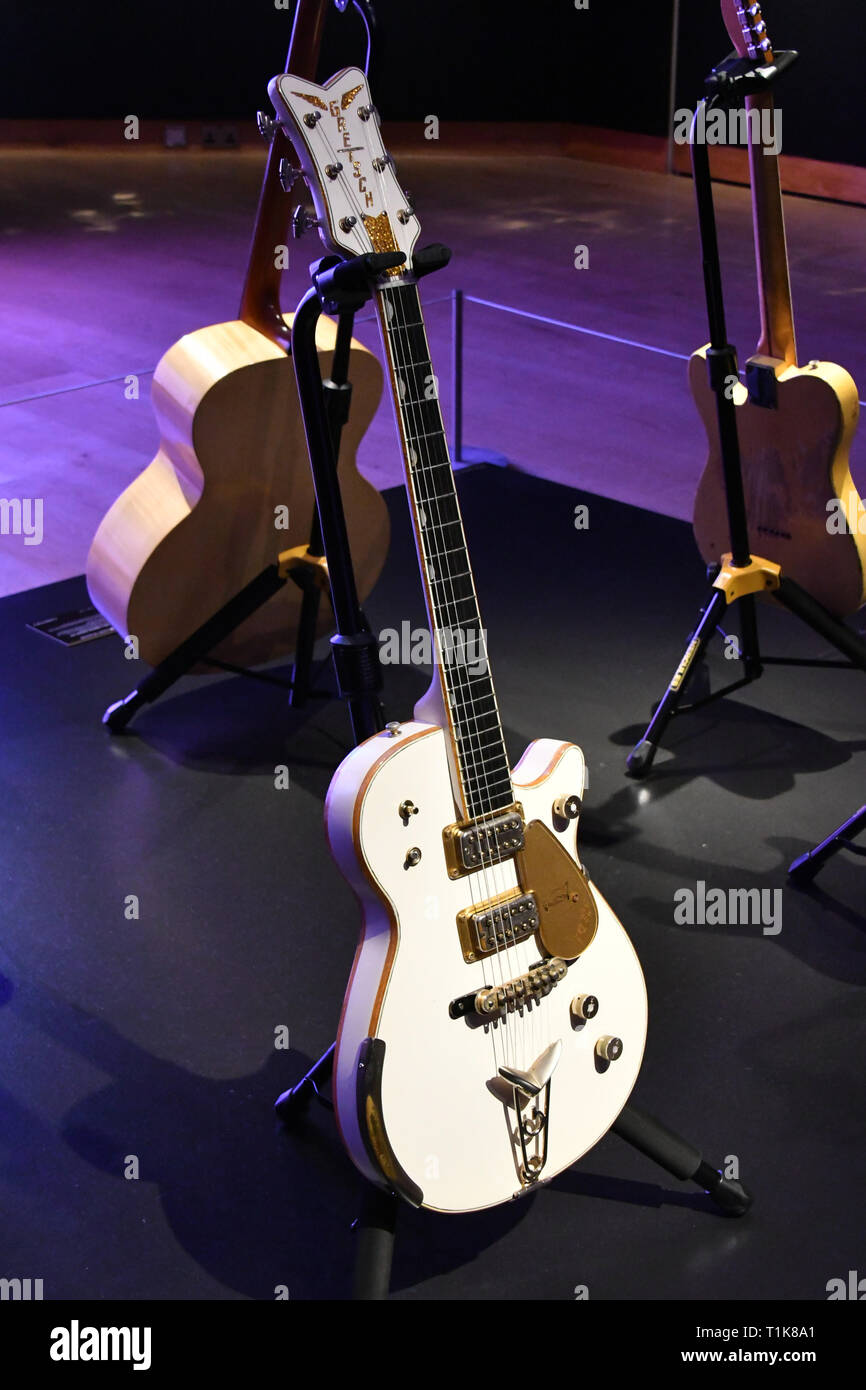 London, UK. 27th Mar, 2019. Gretsch 6134 White Penguin electric guitar,  1958, estimate $100,000-150,000 at Christie's preview of the personal guitar  collection of Pink Floyd legend David Gilmour, ahead of a pre-sale