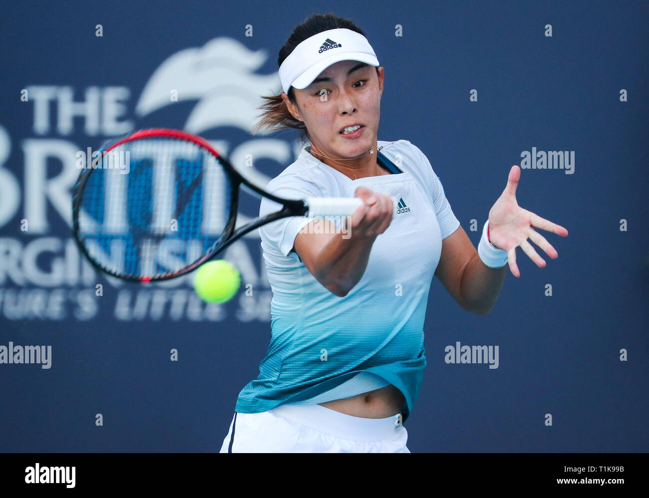 Miami Gardens, Florida, USA. 27th Mar, 2019. Qiang Wang, of China, returns a shot to Simona Halep, of Romania, during a quarter-finals match at the 2019 Miami Open Presented by Itau professional tennis tournament, played at the Hardrock Stadium in Miami Gardens, Florida, USA. Mario Houben/CSM/Alamy Live News Stock Photo