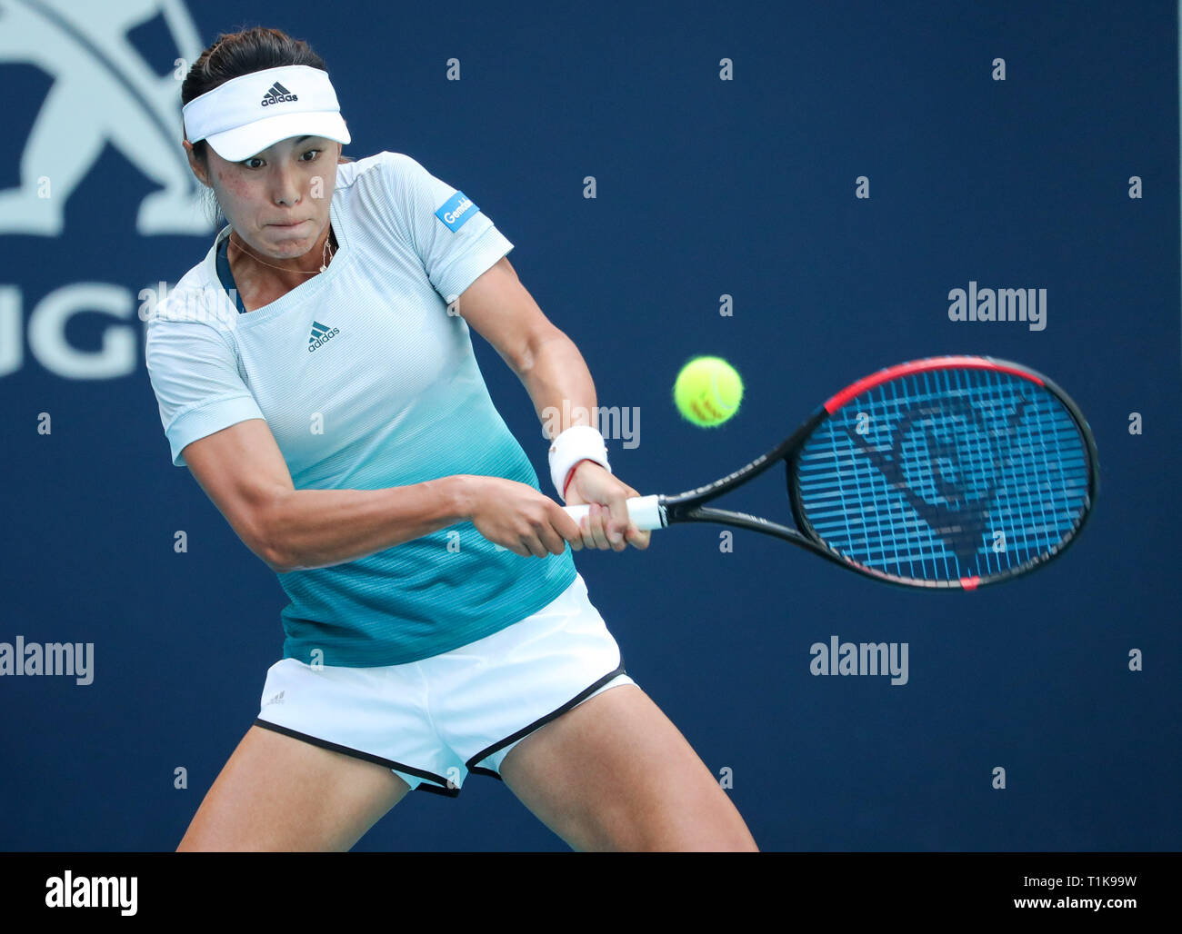 Miami Gardens, Florida, USA. 27th Mar, 2019. Qiang Wang, of China, returns  a shot to Simona Halep, of Romania, during a quarter-finals match at the  2019 Miami Open Presented by Itau professional