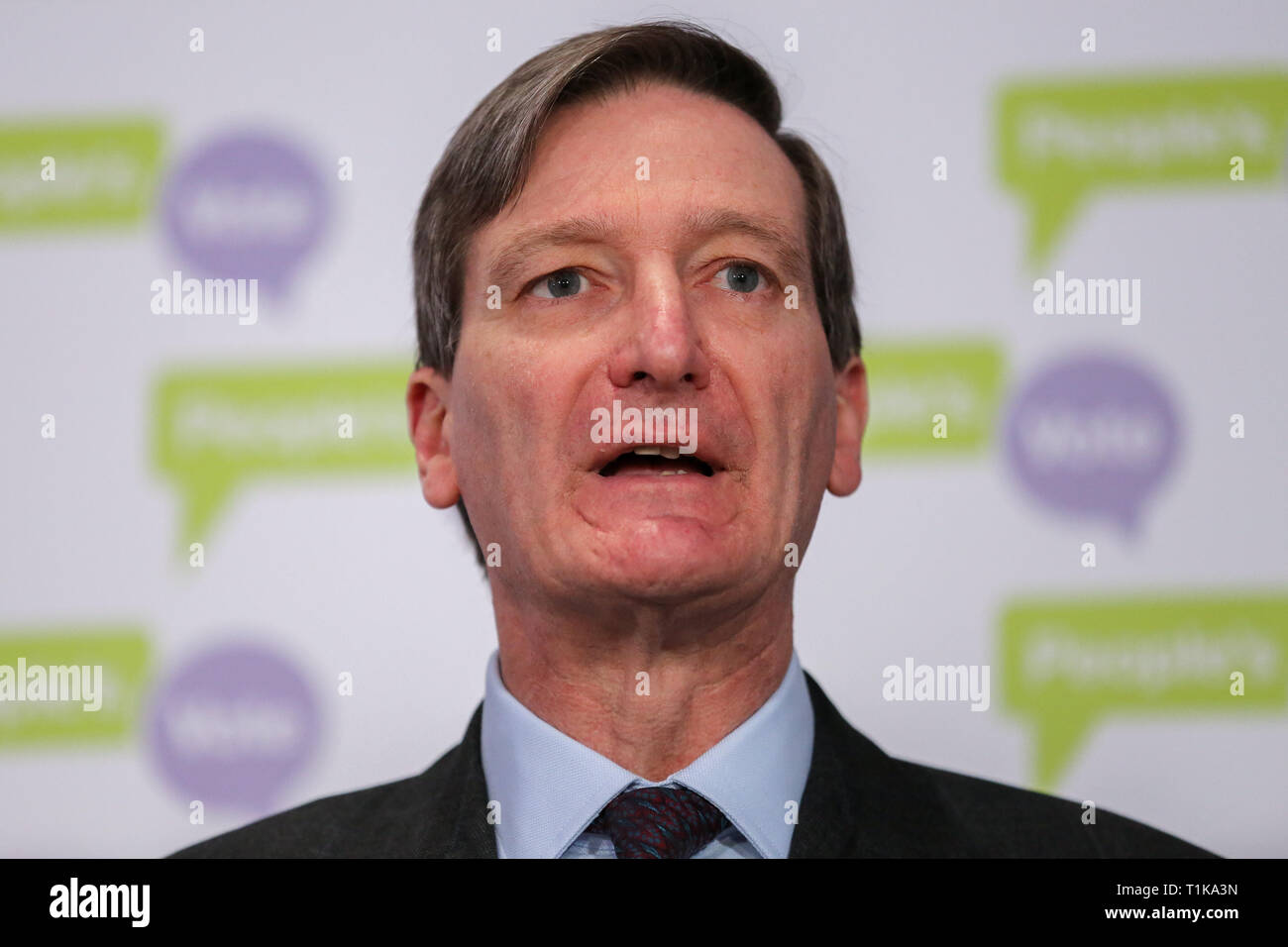 London, UK, UK. 27th Mar, 2019. Dominic Grieve MP - Conservative former Attorney General is seen speaking at a People's Vote press conference in Westminster setting out an analysis of the different Brexit options facing Members of Parliament in indicative votes.British Prime Minister Theresa May told the backbench Tory MPs this evening that she will stand down if they back her EU withdrawal deal. Credit: Dinendra Haria/SOPA Images/ZUMA Wire/Alamy Live News Stock Photo