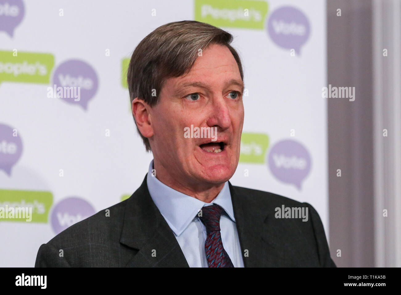 London, UK, UK. 27th Mar, 2019. Dominic Grieve MP - Conservative former Attorney General is seen speaking at a People's Vote press conference in Westminster setting out an analysis of the different Brexit options facing Members of Parliament in indicative votes.British Prime Minister Theresa May told the backbench Tory MPs this evening that she will stand down if they back her EU withdrawal deal. Credit: Dinendra Haria/SOPA Images/ZUMA Wire/Alamy Live News Stock Photo