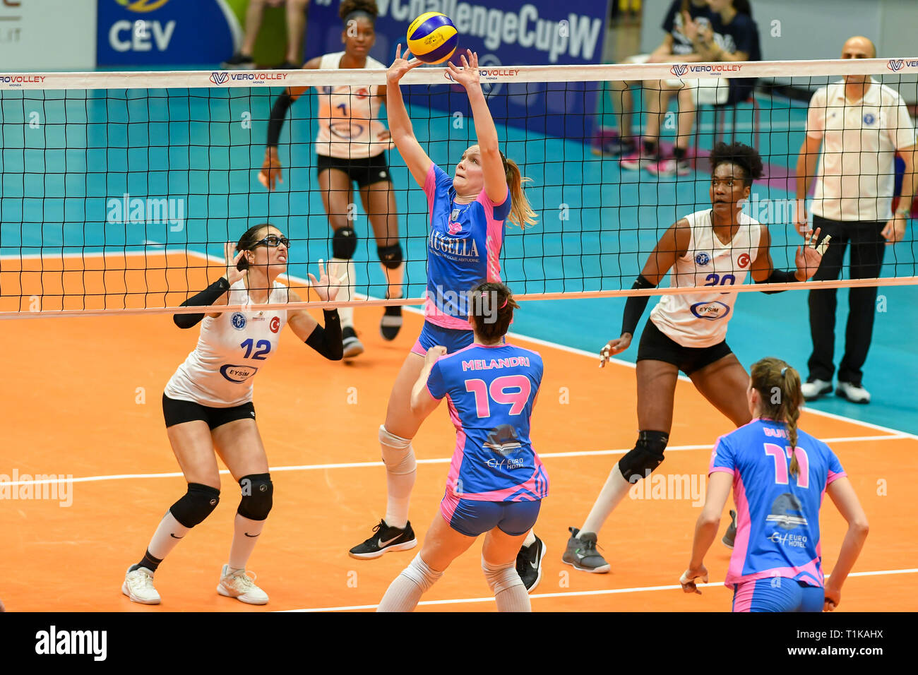 Candy Arena, Monza, Italy. 27th March, 2019. CEV Volleyball Challenge Cup  women, Final, 2nd leg. Micha Danielle Hancock of Saugella Monza during the  match between Saugella Monza and Aydin BBSK at the