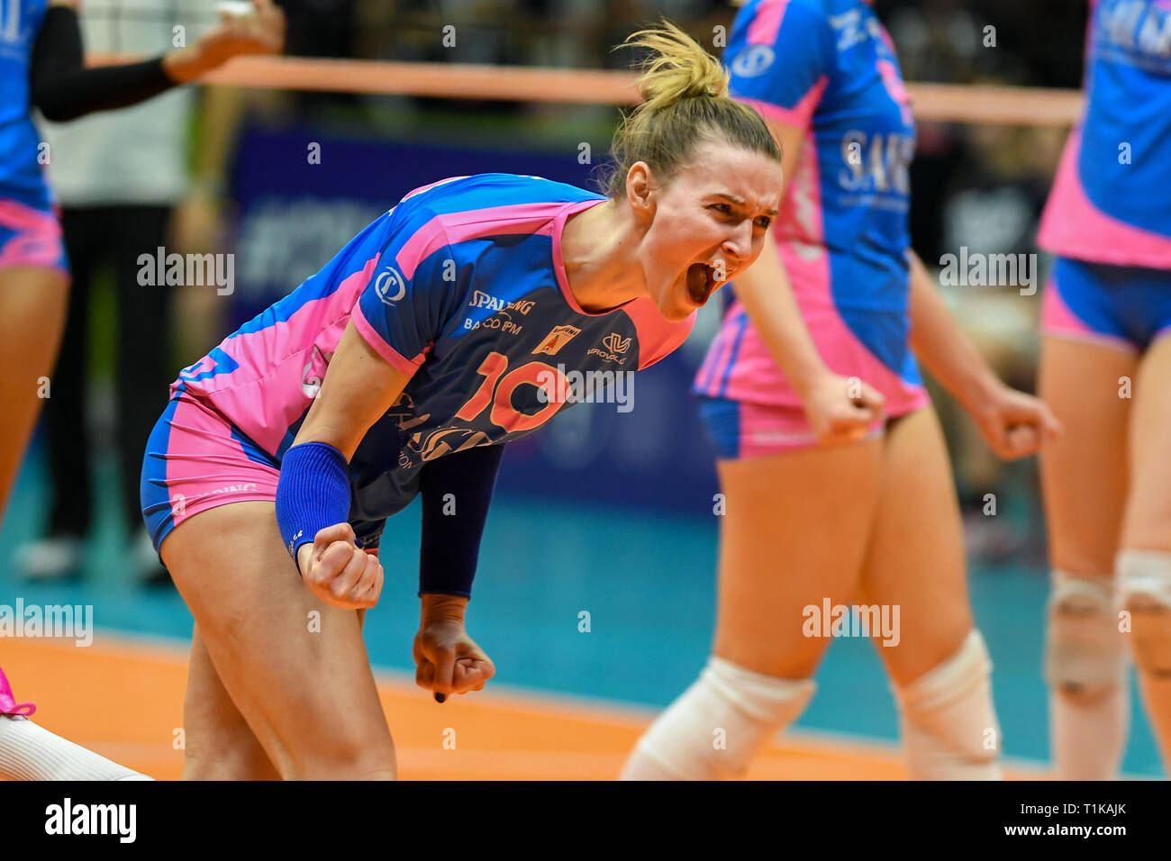 Candy Arena, Monza, Italy. 27th March, 2019. CEV Volleyball Challenge Cup  women, Final, 2nd leg. Edina Begic of Saugella Monza exultation after the match  point that gives the CEV Challenge Cup to