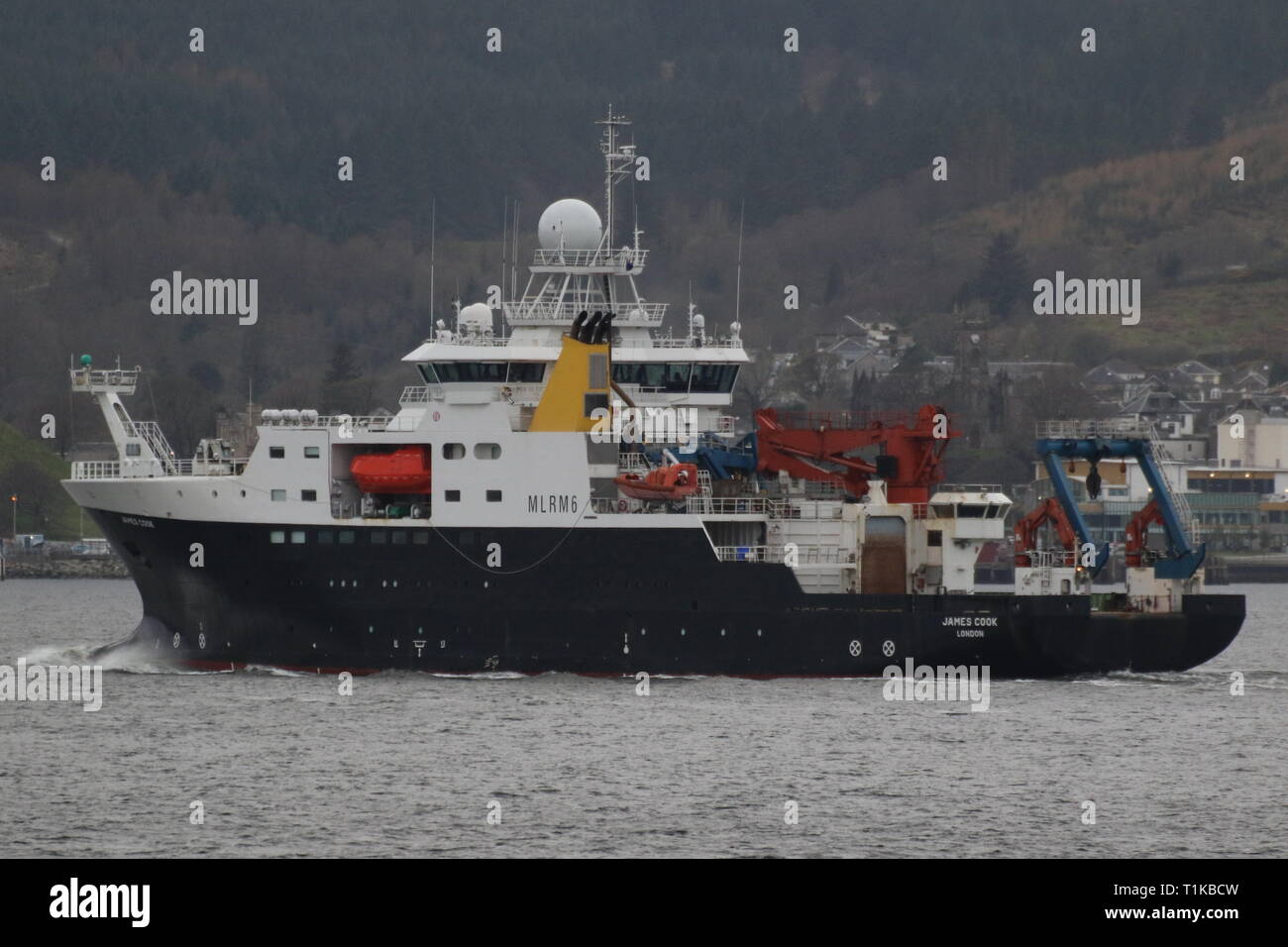 RRS James Cook, a research vessel operated by the Natural Environment Research Council, on an outbound journey after a visit to the Firth of Clyde. Stock Photo