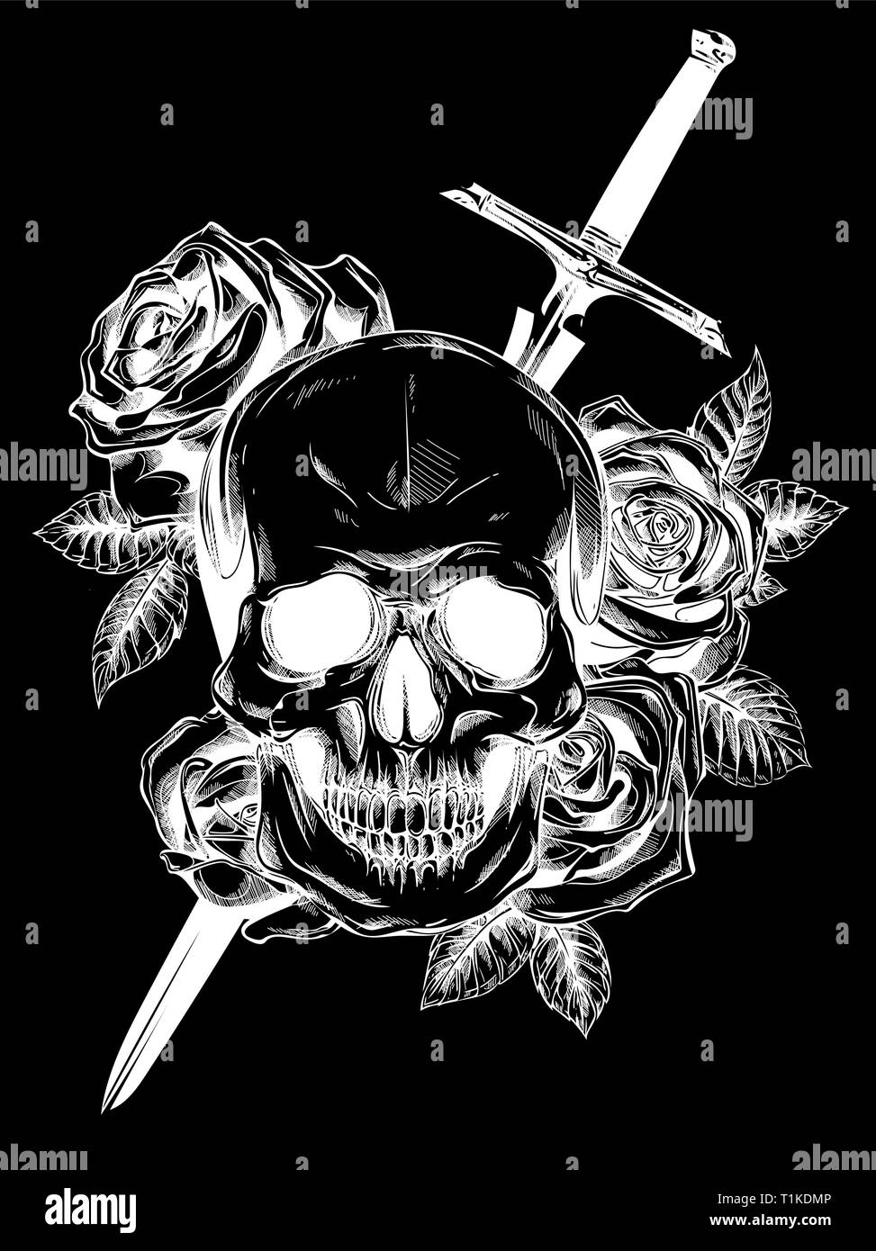 A human skull with roses on black background Stock Vector