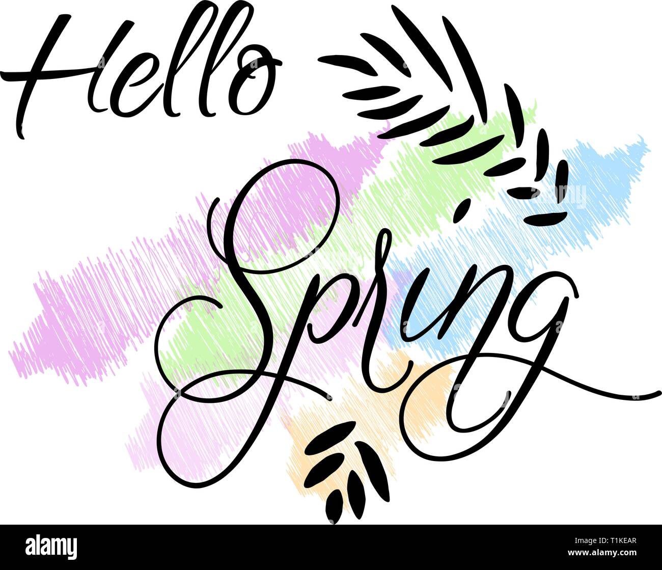 Hello Spring card with handwritten phrase, holiday poster. Vector illustration, ad, promotion, poster, flyer, web-banner, article. Hand drawn backgrou Stock Vector
